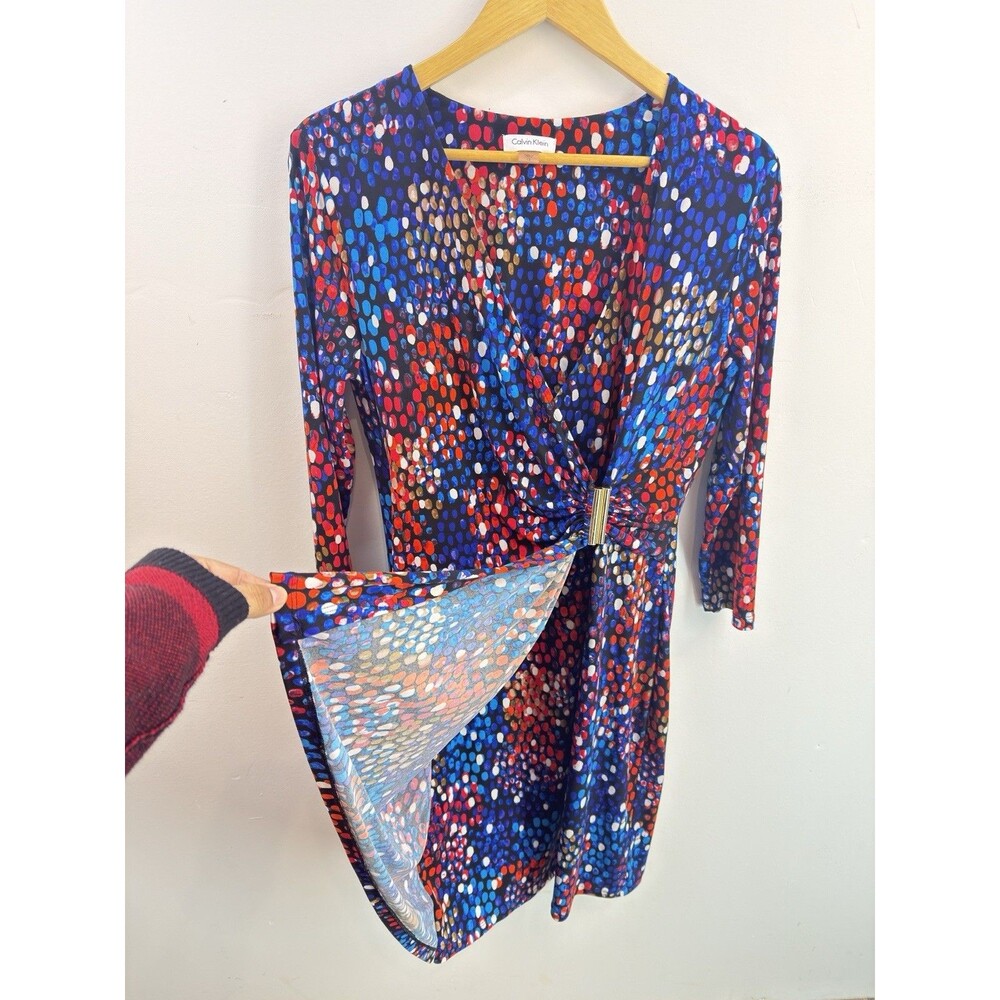 Calvin Klein Blue Colorful Dot Print Ruched Faux Wrap Jersey Dress Sz 12 V Neck - Picture 4 of 11